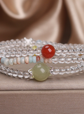 新款天然白水晶多层叠戴手链女款