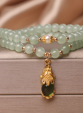 小清新碧玉貔貅手链女双圈福袋