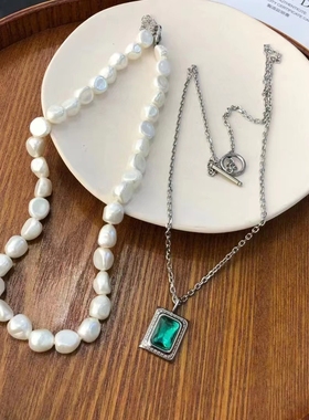 法式简约天然异形珍珠锁骨颈链INS网红日韩绿色方形锆石OT扣项链