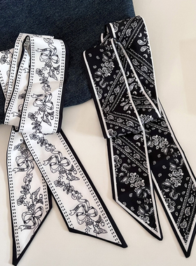 复古黑色花卉双面细窄长条小丝巾气质百搭腰果花发带绑发飘带女