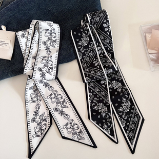 复古黑色花卉双面细窄长条小丝巾气质百搭腰果花发带绑发飘带女