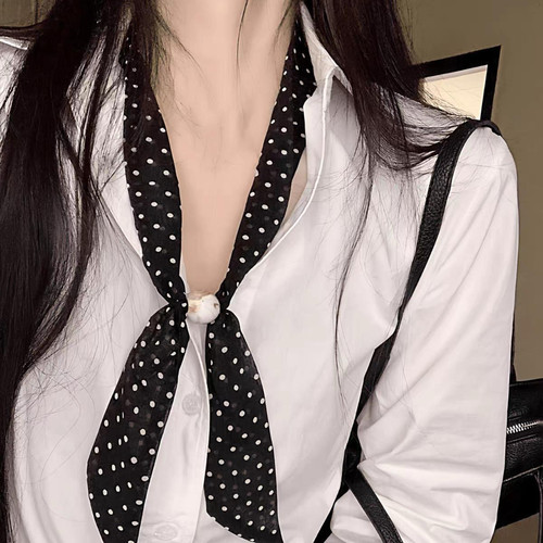 温柔韩系黑色波点绑发丝巾串珠项链系脖飘带发带高级设计感配饰女