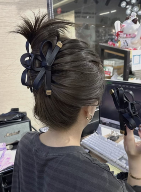 新款东大门黑色皮质蝴蝶结磨砂抓夹高端气质盘发鲨鱼夹质感发卡女