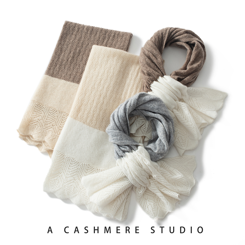 秋冬100%山羊绒女韩版围巾薄款高级感镂空高档保暖拼色大披肩PS73