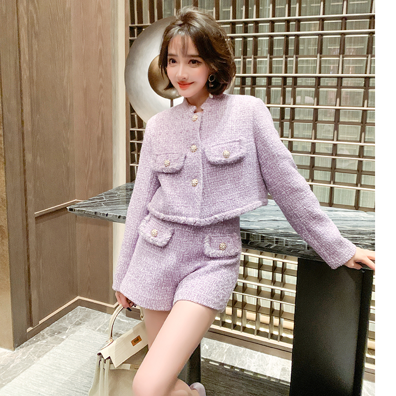 【新品9折】香风粗花呢定制金扣箱型短外套+高腰阔腿短裤套装女装