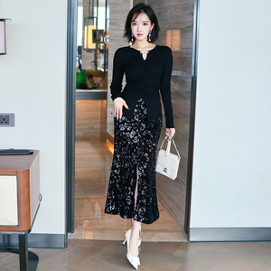 MIUCO设计感女人味衣摆开叉羊毛针织衫+亮片半裙套装女秋冬新款