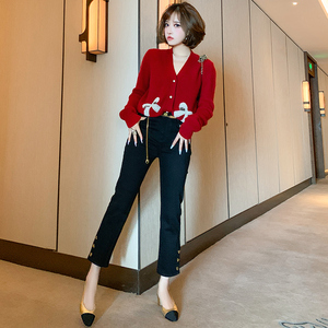 MIUCO筒珠蝴蝶结针织开衫+显瘦直筒九分裤套装女装2022