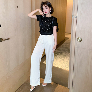 MIUCO蝴蝶结烫钻圆领T恤+洒金直筒垂感阔腿裤套装女2024夏