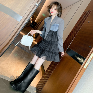 MIUCO牛仔拼贴西装外套+木耳边网纱公主蓬蓬半裙套装女装【现货】
