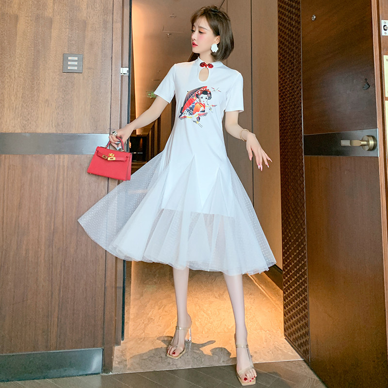 miuco中式改良旗袍镂空盘扣印花网纱拼接t恤式连衣裙女装【现货】