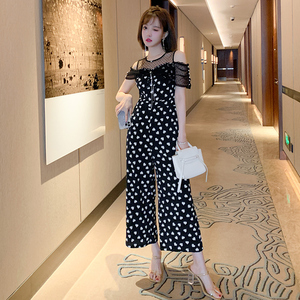 MIUCO波点纱露肩甜美性感爱心印花高腰直筒连体裤款【现货】