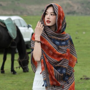 民族风春夏披肩带扣女薄款围巾沙滩防晒丝巾头巾旅游拍照裙子外披
