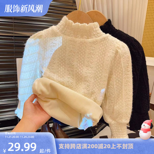 女童打底衫版秋冬2023新款洋派儿童韩版网红女孩加绒蕾丝公主上衣