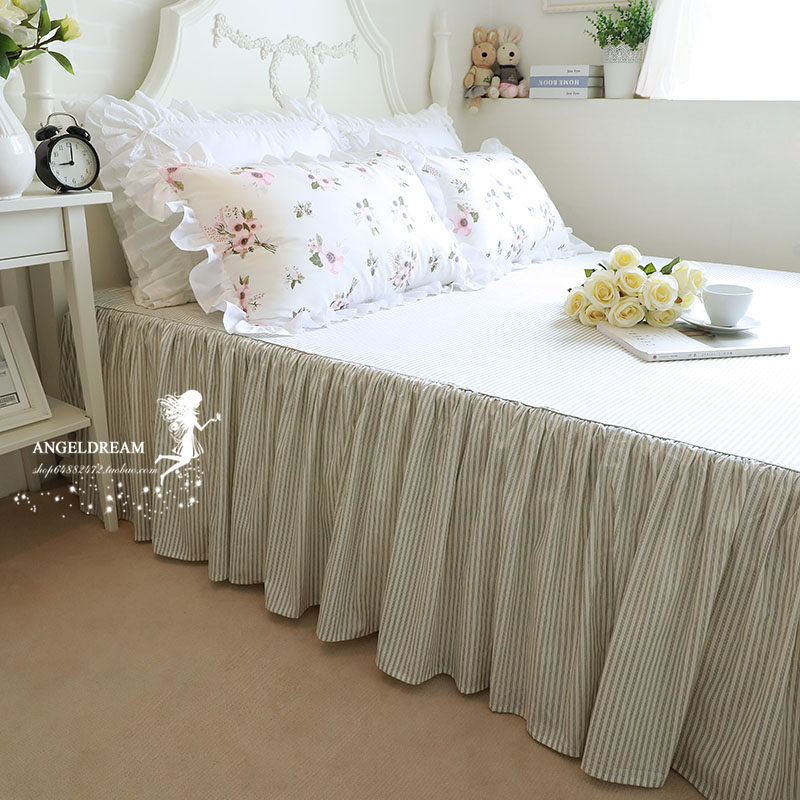 进口欧美ins韩版灰色条纹高端公主2021床上用品床单床罩床裙