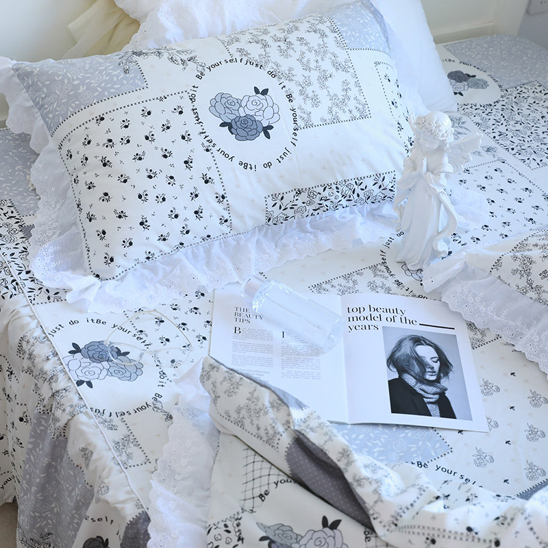 法式潮流黑白拼接INS纯棉复古时代全棉床裙款床上用品被套四件套