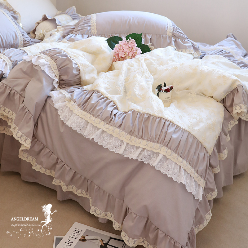 韩版法式灰色网纱提花全棉