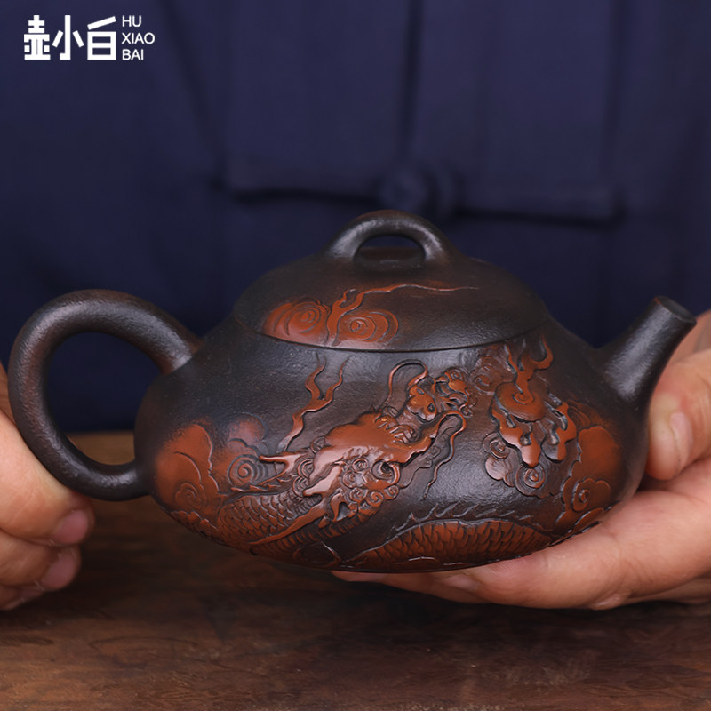 壶小白云南建水紫陶纯手工线型雕茶壶龙纹功夫壶高端礼品泡茶壶