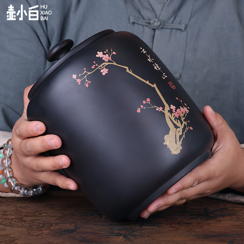 壶小白 云南建水紫陶茶叶罐 散茶罐 普洱茶醒茶罐手工彩填400夫装