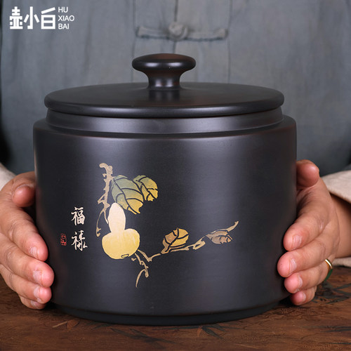 壶小白建水紫陶彩填复烧茶叶罐