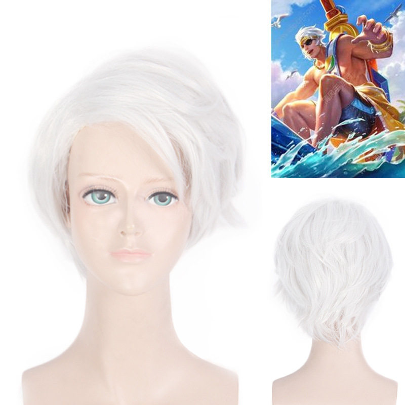 王者农药 夏侯惇 乘风破浪皮肤 纯白色银色 反翘短发 假毛cos假发