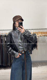 欧洲站2025冬季女立领内胆鹅绒贴标短款进口绵羊皮真皮皮衣外套