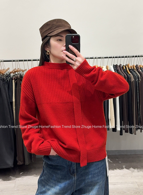 欧洲站2025秋冬季新款欧货女设计感系带羊毛针织衫毛衣25366