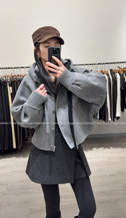 设计感连帽飘带双面羊毛呢拼接90白鹅绒冬款宽松休闲羽绒服外套女