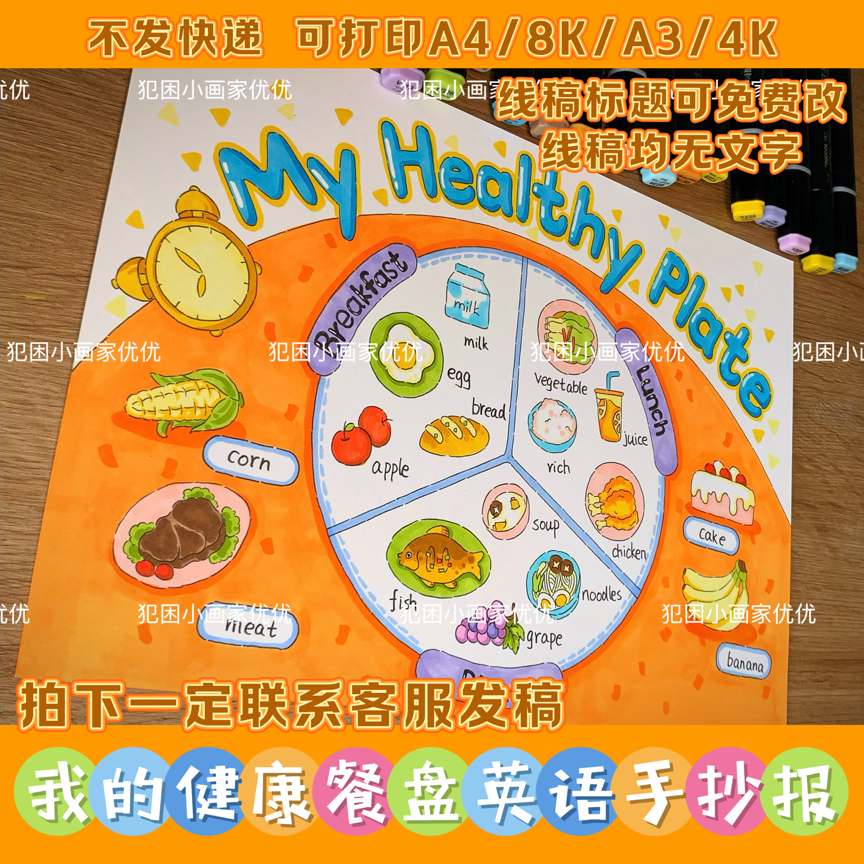 【健康餐盘手抄报】三年级英语电子线稿模版 打印涂色 不支持彩打