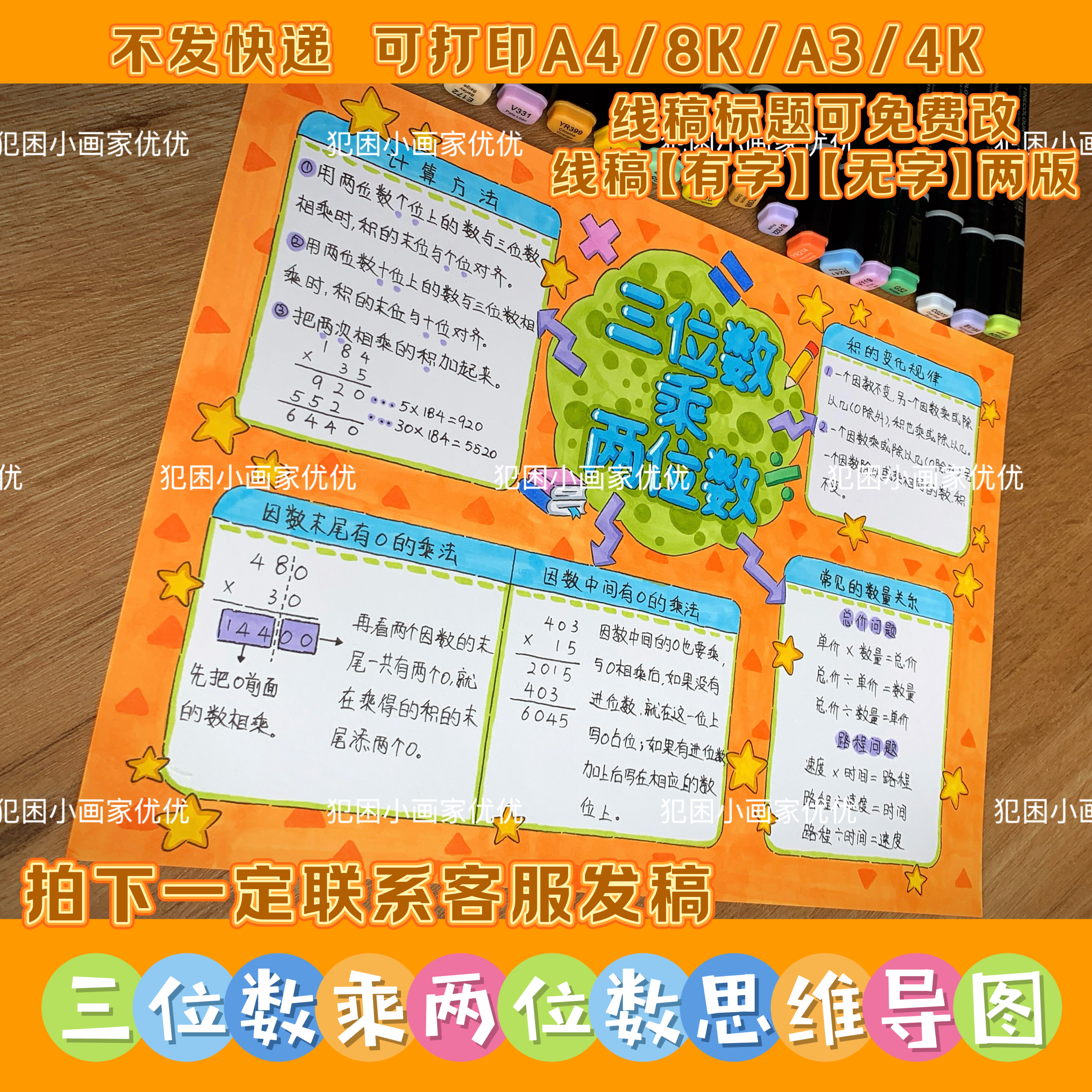 【三位数乘两位数思维导图】数学四上电子线稿打印涂色不支持彩打
