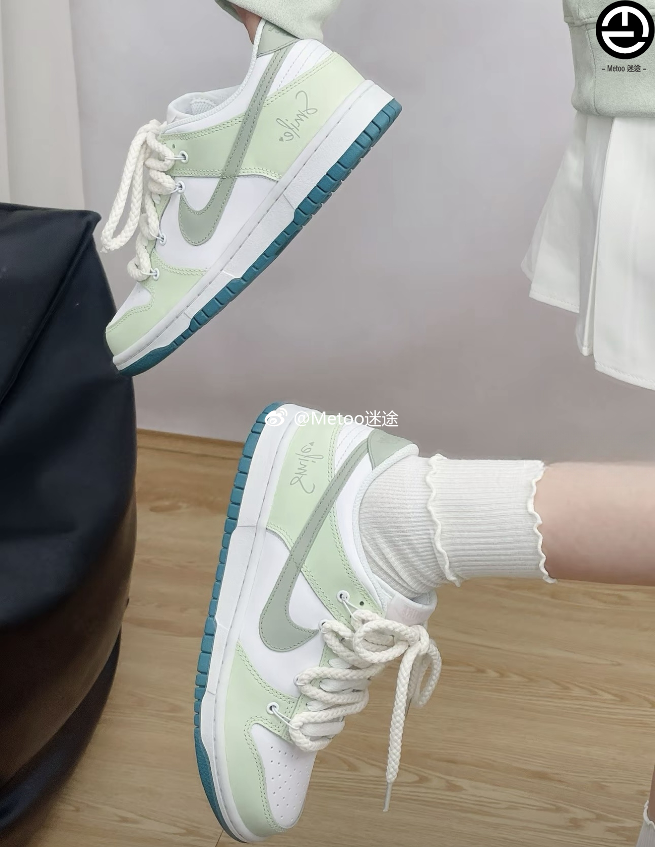耐克球鞋定制 Nike Dunk Low春日浪漫踏青主题解构风白绿低帮板鞋