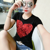 欧唯朵胖妹妹短袖 t恤女潮大时尚 爱心亮片刺绣体恤上衣200斤休闲风
