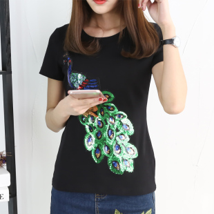 孔雀亮片刺绣体恤女纯棉绣花上衣200斤潮 t恤大码 胖MM2024夏装 短袖