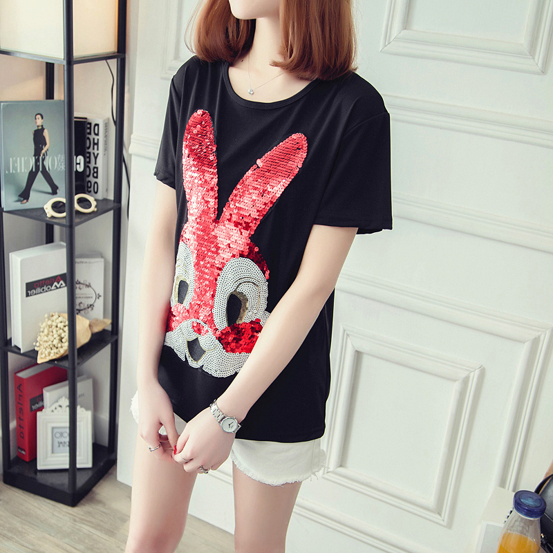 欧洲站重工刺绣兔子ins风短袖t恤