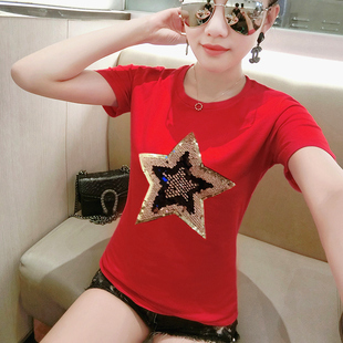 大码 欧洲站胖妹妹夏装 t恤 新款 胖mm五角星亮片刺绣上衣潮 纯棉短袖