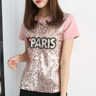 女短袖 加肥加大码 t恤亮片刺绣体恤上衣200斤潮 2024年新款 胖mm夏装