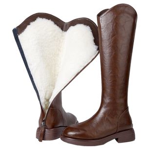 真皮厚底长靴女冬季全牛皮羊毛高筒靴皮毛一体长筒靴加绒加厚靴子