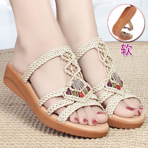 平底拖鞋外穿波西米亚编织带凉鞋