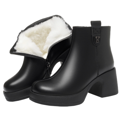 全牛皮高跟短靴加绒保暖妈妈棉鞋