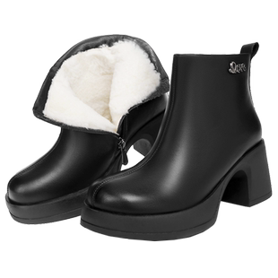 真皮妈妈棉鞋女鞋冬加绒皮鞋高跟短靴女士厚底小个子靴子羊毛女靴