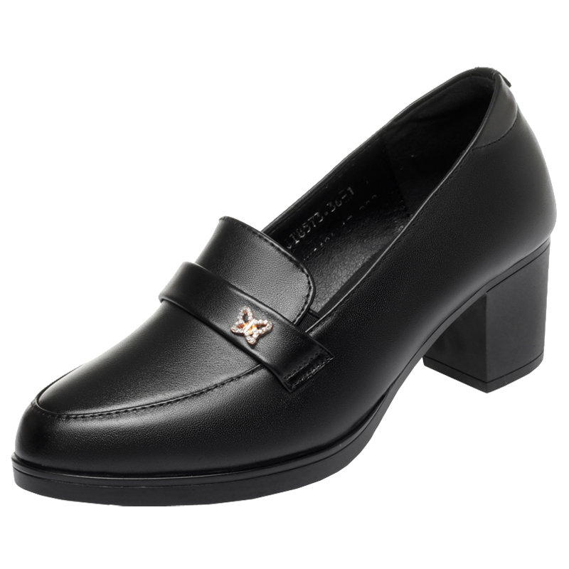 中年女士高跟鞋妈妈鞋真皮软底黑色皮鞋粗跟单鞋春秋女鞋子中老年