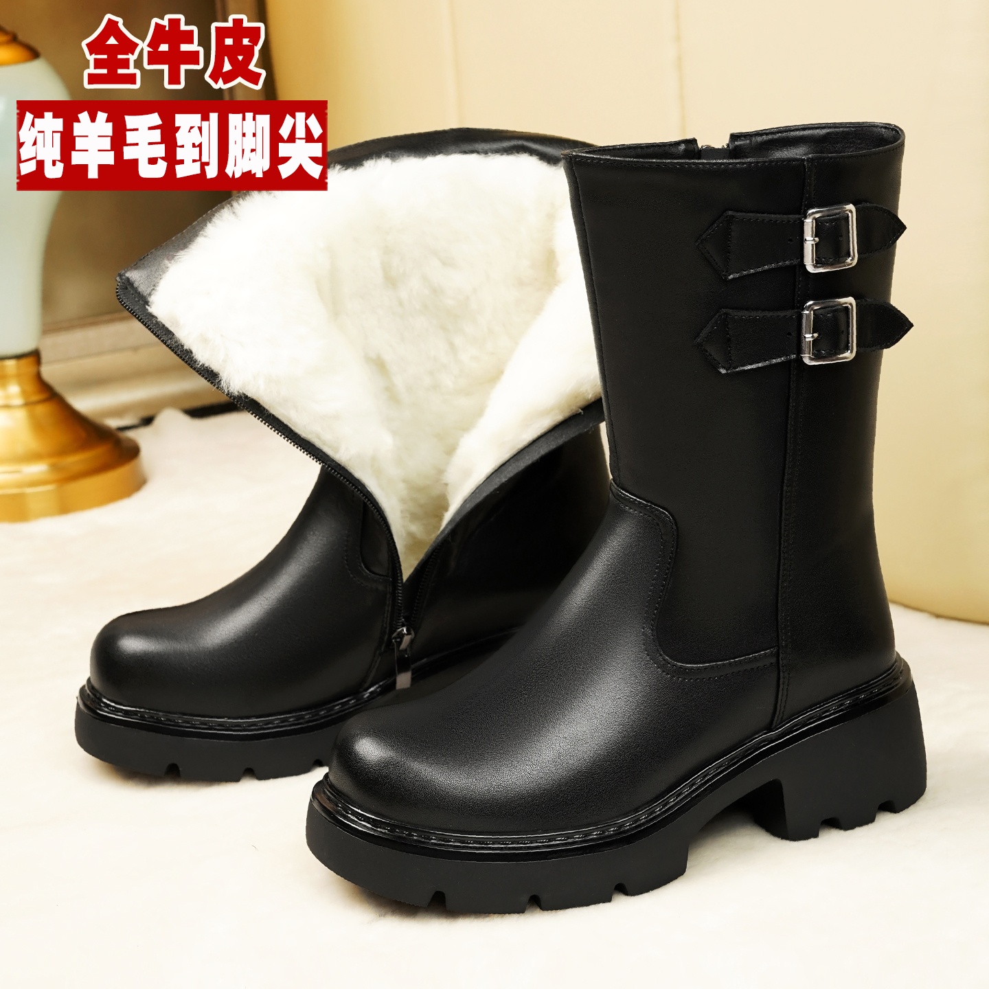 增高防水全牛皮保暖妈妈中筒棉靴