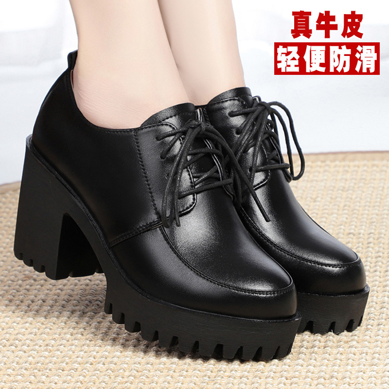 深口单鞋粗跟高跟鞋增高厚底皮鞋