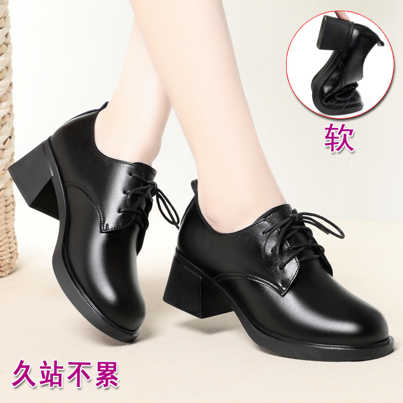 春秋单鞋系带皮鞋真皮软底高跟鞋