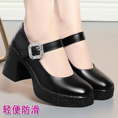 中跟一字扣跳舞软底单鞋 真皮旗袍模特走秀高跟鞋 女不累脚粗跟皮鞋