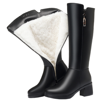 中年女士高筒靴高跟加绒羊毛棉靴