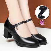 软底中跟女士单鞋 黑色不累脚高跟鞋 走秀鞋 妈妈跳舞鞋 皮鞋 真皮女鞋