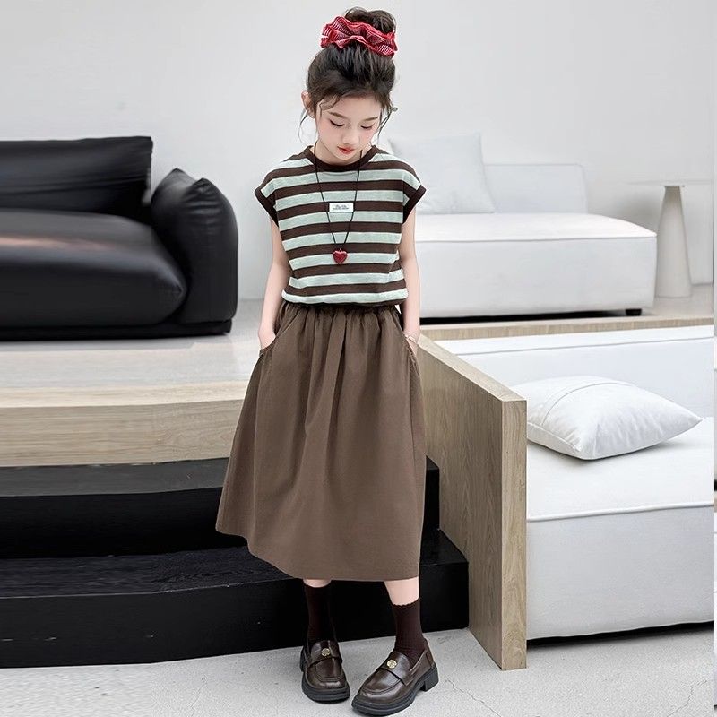 女童夏套装2025新款儿童洋气时髦条纹短袖夏装大童夏季裙子两件套