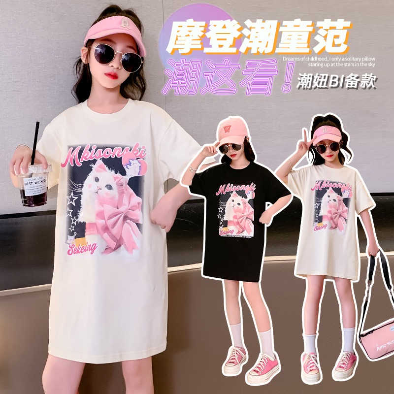 女童装短袖上衣t2024新款小女孩时髦洋气大童休闲个性印花猫咪T恤