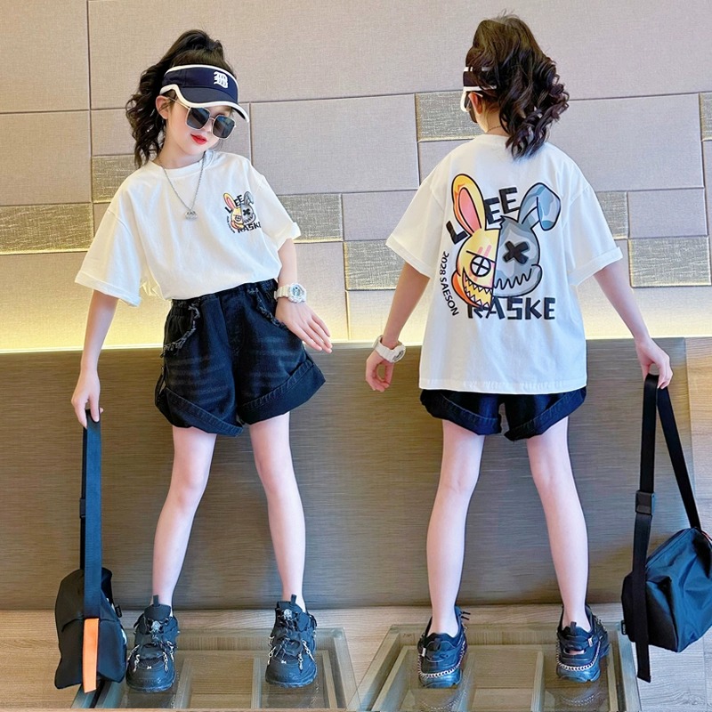 纯棉女童t恤2024夏季女大童洋气时尚休闲宽松个性兔子印花短袖潮