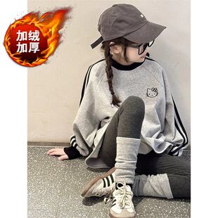 女童长袖中长款t恤裙儿童上衣冬装2025新款打底衫加绒卫衣裙宽松